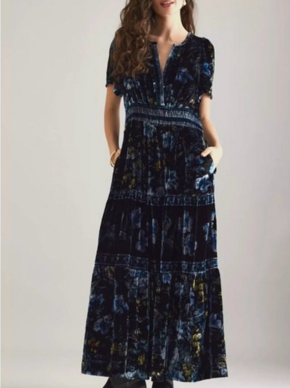 NWT Anthropologie Velvet Floral Somerset Midi Dress in Deep Blue-Black - Picture 3 of 11